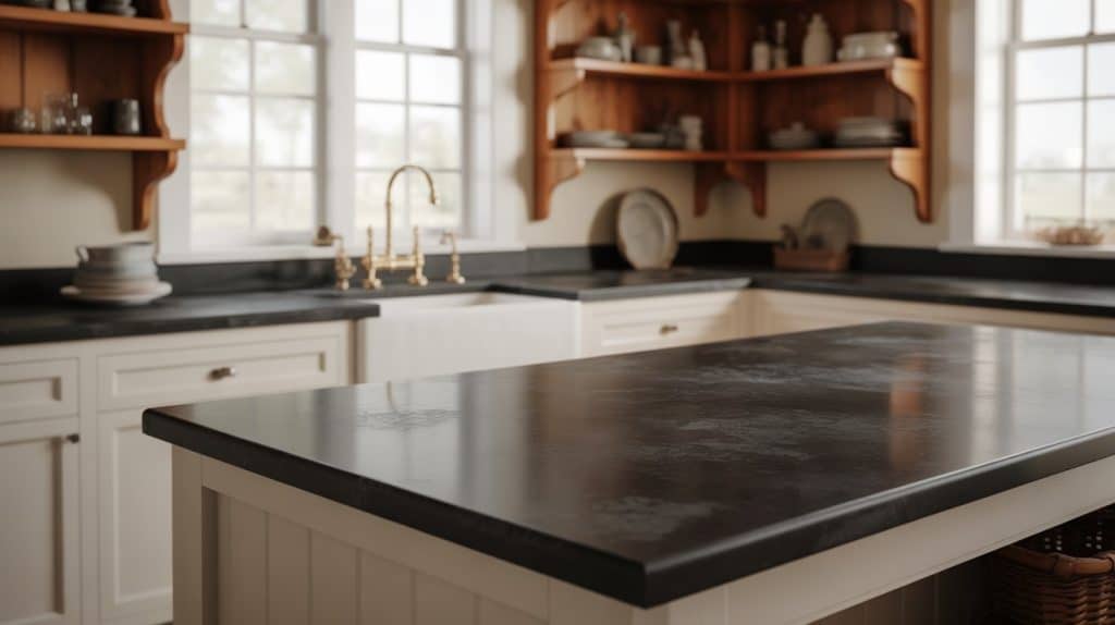 soapstone kitchen island countertop in a farmhouse style kitchen with white cabinets and wooden shelves