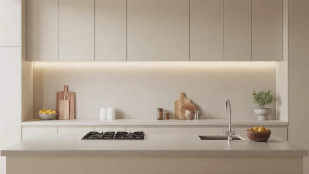 smooth solid surface kitchen countertop in a minimalist beige modern kitchen