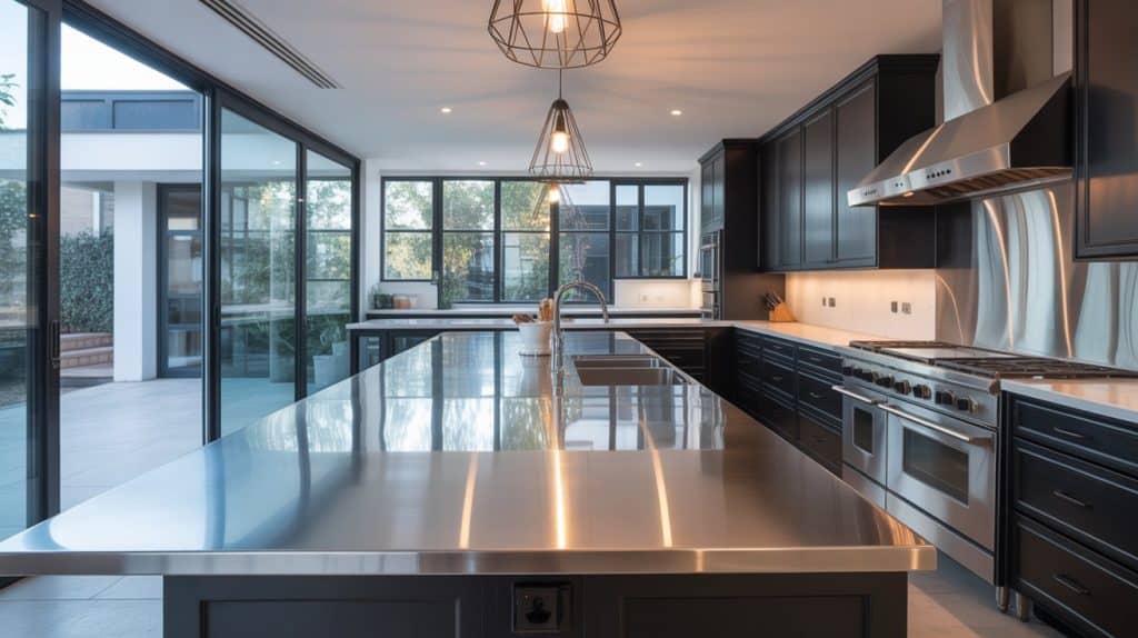 stainless steel kitchen island countertop in a modern industrial kitchen with dark cabinets and large windows