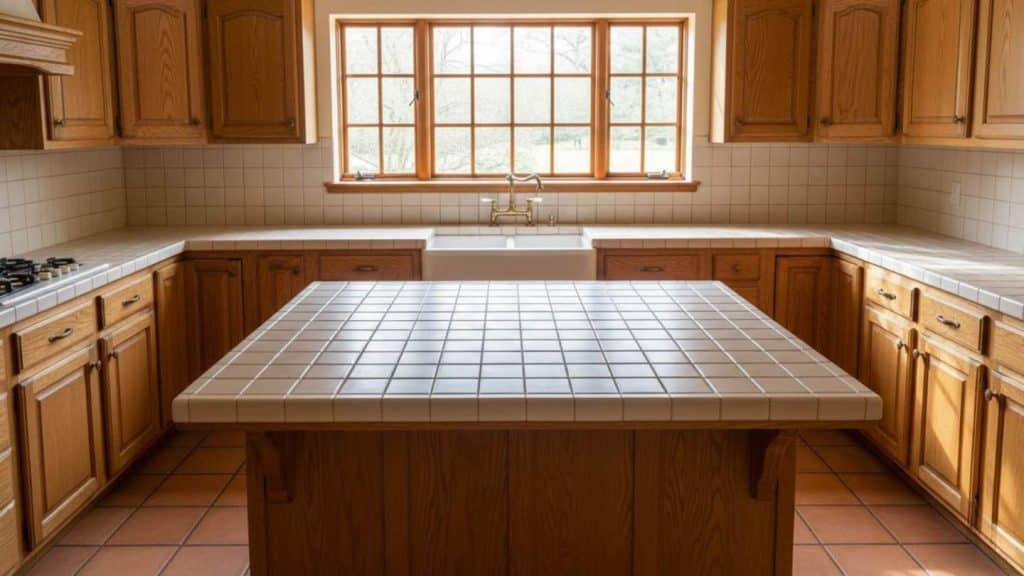 tile kitchen island countertop with square ceramic tiles in a warm traditional kitchen with wooden cabinets