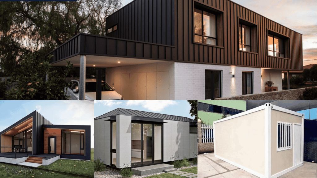 Examples of prefab and modular extensions, including modular ADUs, second-story modular extensions, single-room additions, and customized prefab layout units