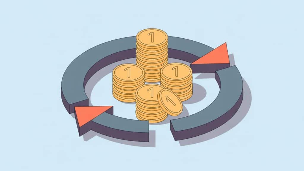 Isometric 3D icon of gold coin stacks surrounded by a circular return-on-investment arrow.