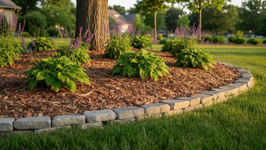 garden-bed-around-a-tree-with-flowering-plants-and-natural-wood-mulch-bordered-by-stone-edging