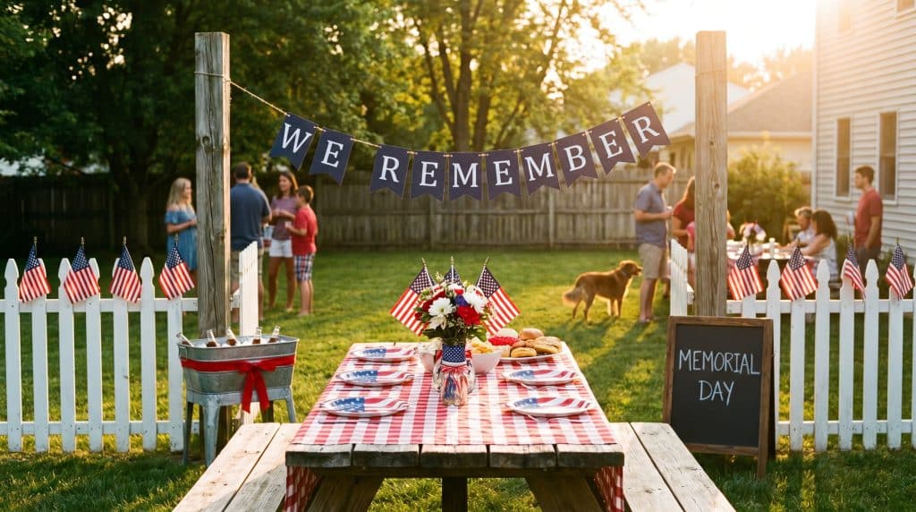 A Memorial Day backyard gathering with flags, a We Remember banner, and a festive table setup.