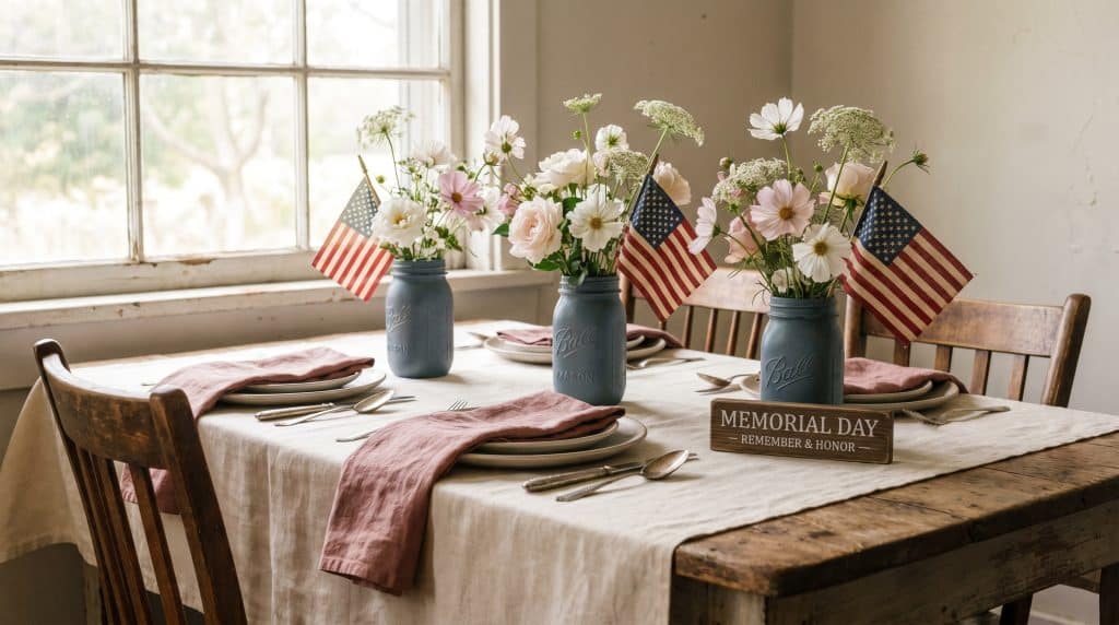 A Memorial Day dining table with mason jar flower arrangements, U.S. flags, and a commemorative sign.
