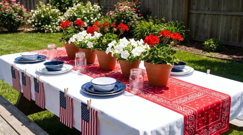 A Memorial Day picnic setup outdoors with floral arrangements and star decorations.