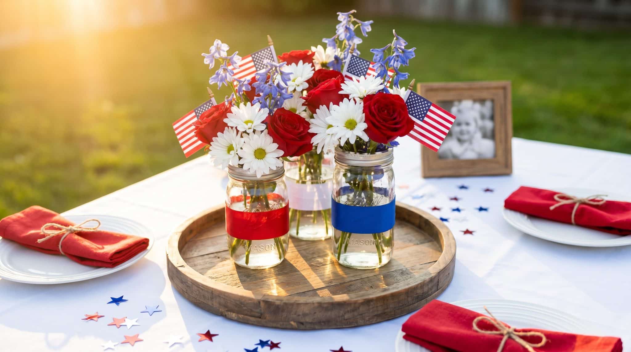 A Memorial Day table setting with red, white, and blue flower arrangements in mason jars, and festive decor.
