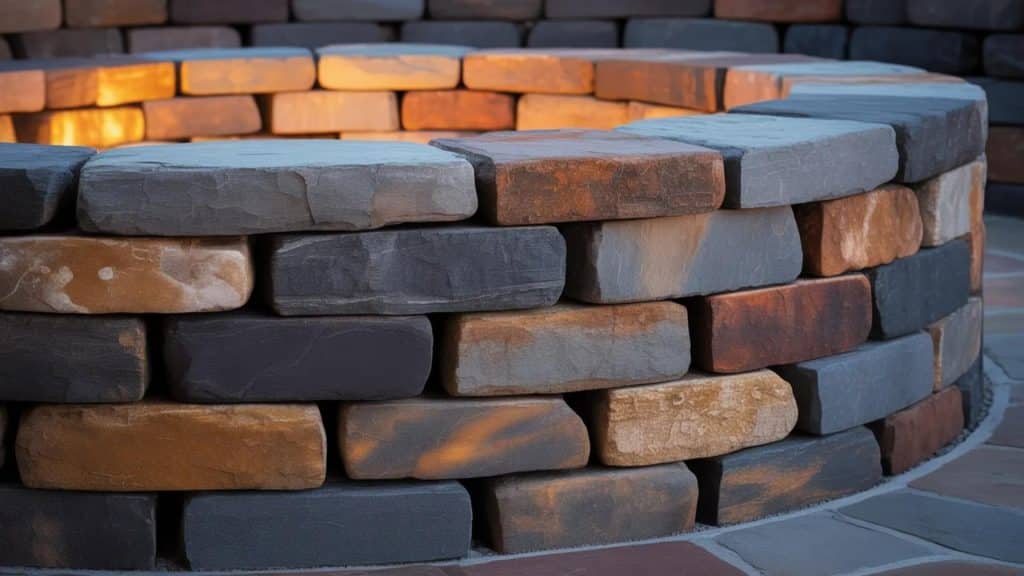 A circular outdoor stone fire pit built with stacked gray and brown natural rocks with a burning fire and wooden chairs arranged around it in a spacious backyard