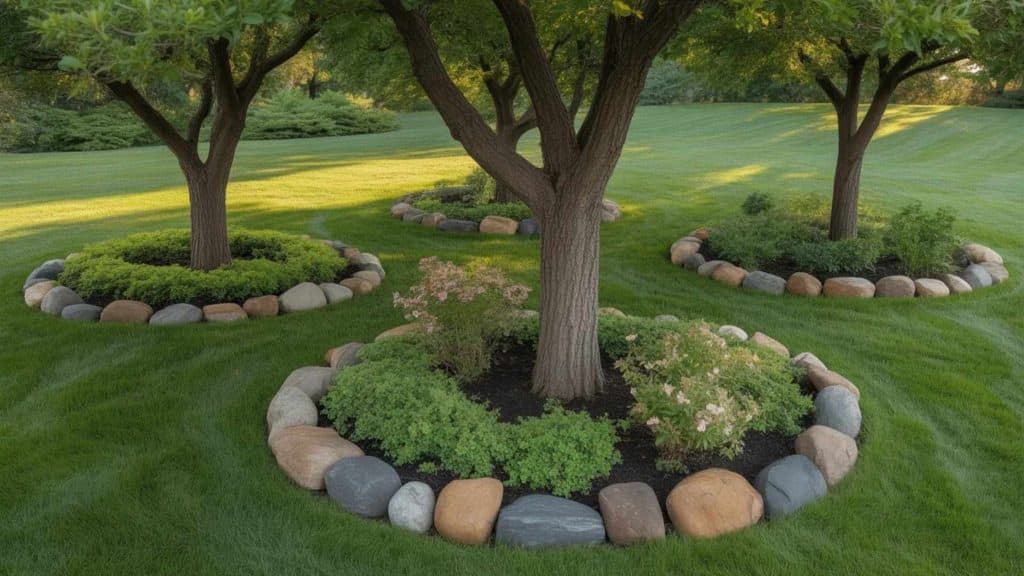 A close-up of a circular rock border around the base of a large tree trunk with flat and rounded gray stones placed tightly together, leaving a small gap near the trunk.