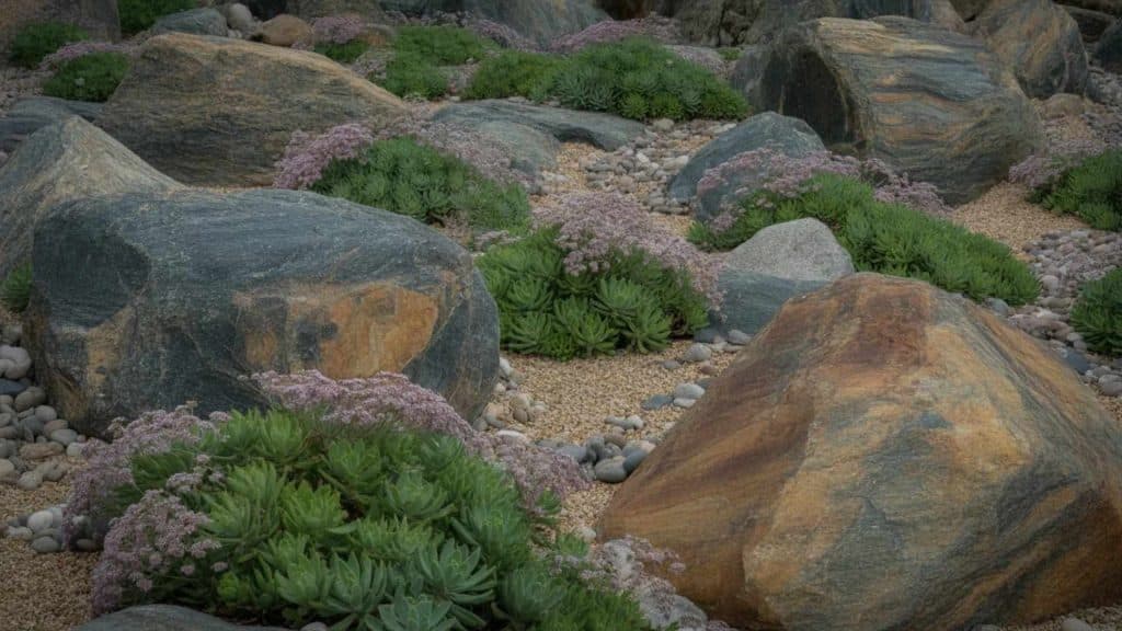 A close-up of a rock garden bed with rough gray and brown stones surrounded by green alpine plants and purple flowering succulents in soft natural light.