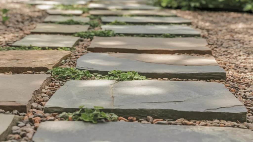 A close-up of flat natural flagstones of different shapes and sizes laid across a garden pathway with fine gravel filling the gaps.