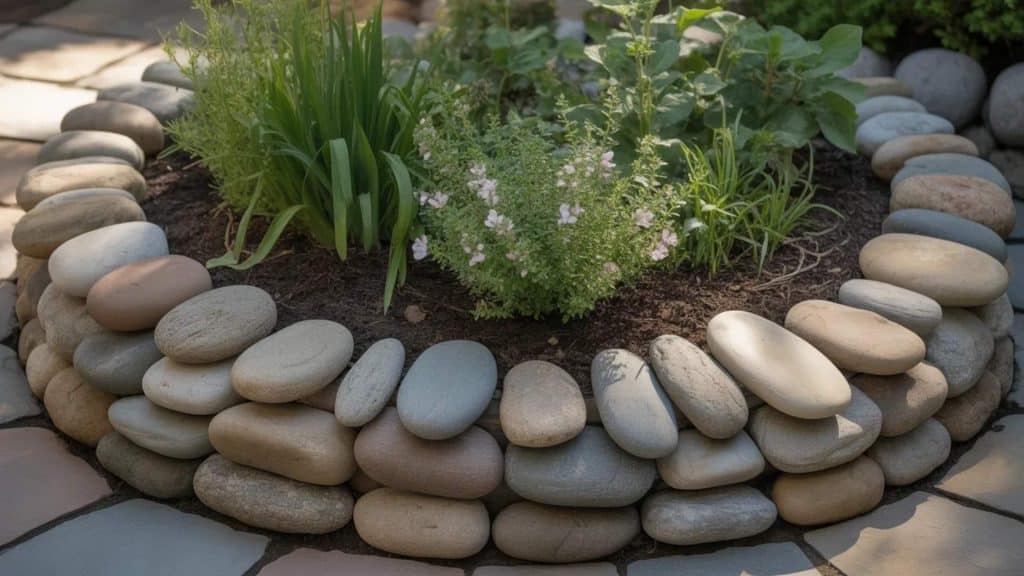 A close up of flat rocks placed tightly in a single row along a flower bed border with fine mulch and green plants growing just behind the rock line.
