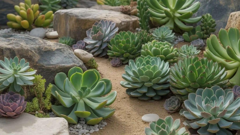 A close-up of green and purple succulents growing between rough natural rocks in a well-drained gravelly soil succulent and stone garden.