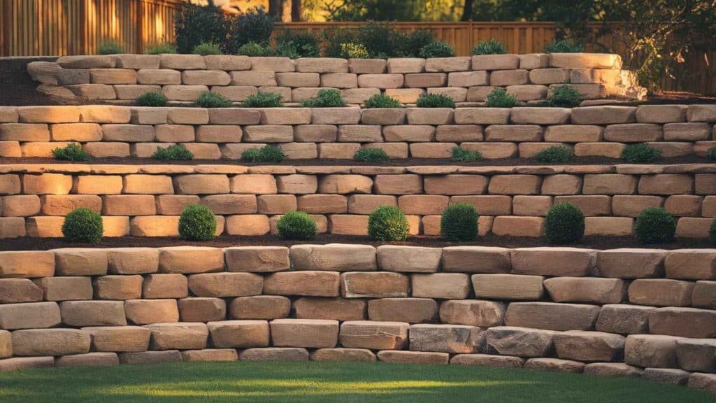 A close-up of large boulders and stone blocks stacked tightly together in a rock retaining wall.