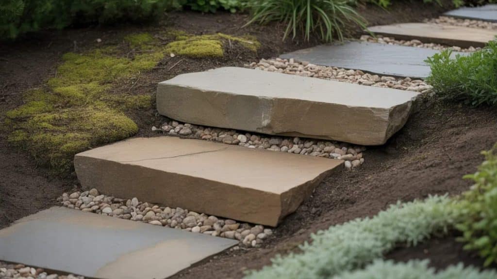 A close-up of natural stone steps set firmly into a garden slope, with fine gravel packed around the edges and moss growing along the sides.