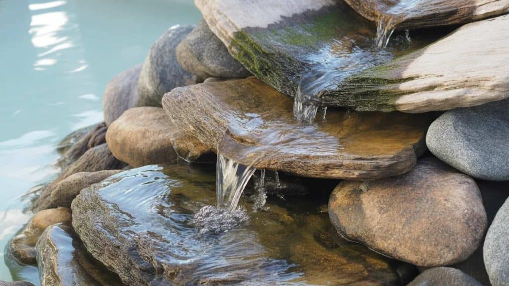 A close-up of natural stone steps set firmly into a garden slope with fine gravel packed around the edges and moss growing along the sides.