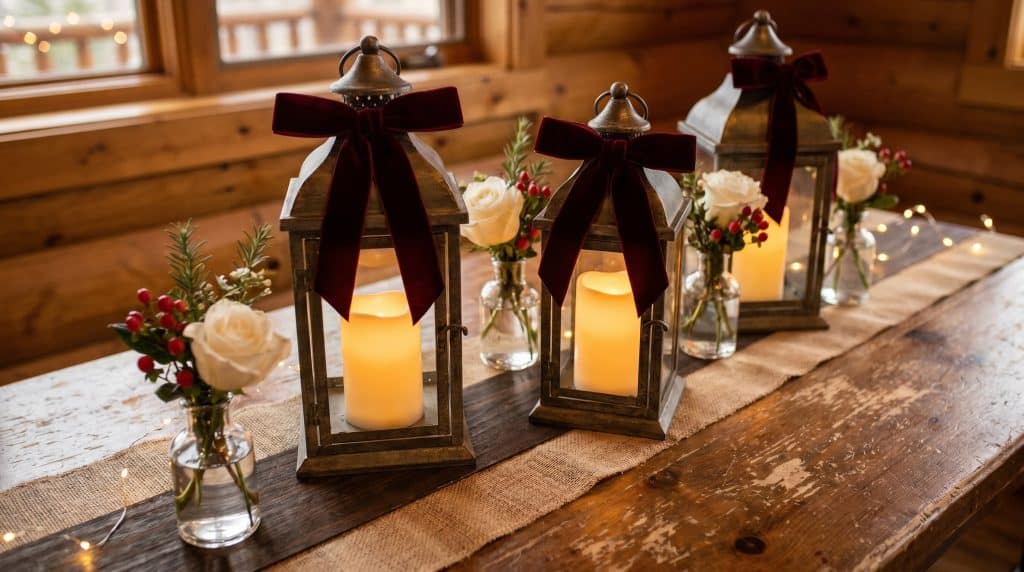 A cozy Memorial Day table centerpiece with lanterns, red velvet bows, and white roses in glass vases.
