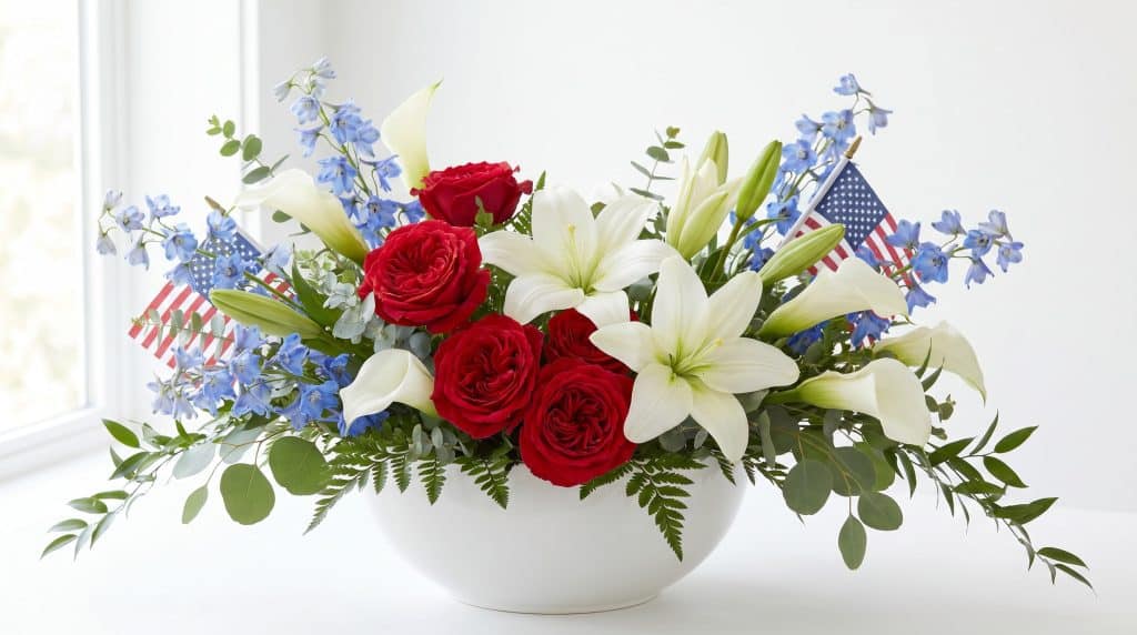 A floral arrangement with red roses, white lilies, blue delphiniums, and American flags for Memorial Day.