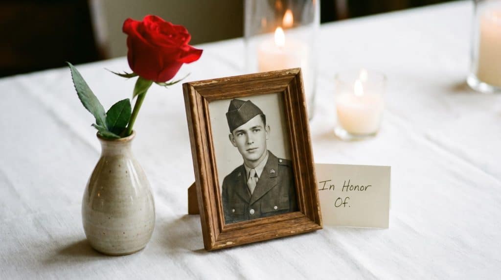 A vintage photo of a soldier with a red rose and an In Honor Of note.