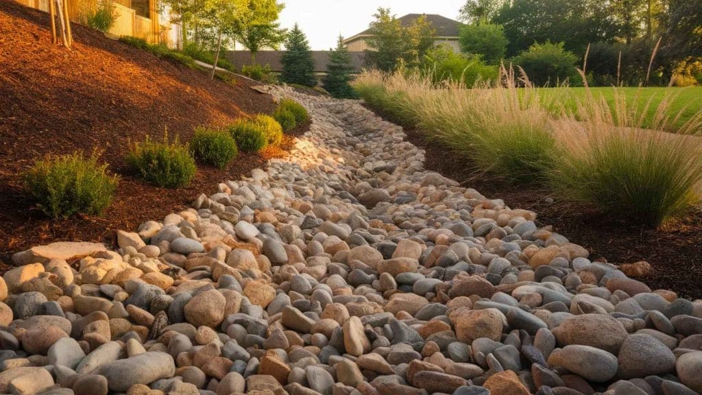 A wide shot of a dry creek bed running down a sloped backyard with gray and brown river rocks and green shrubs on both sides.