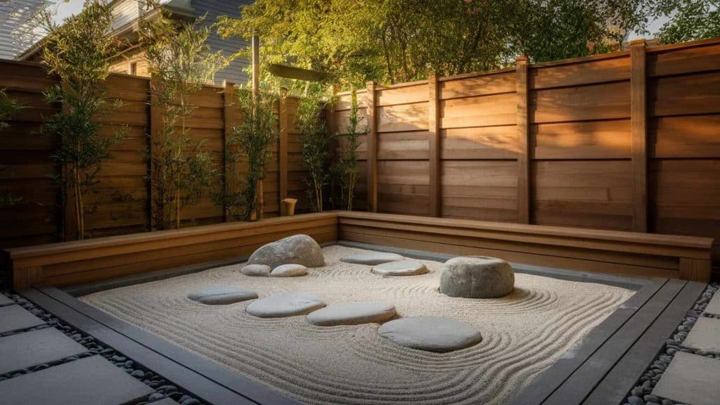 A wide shot of a small enclosed Zen garden with smooth white rocks, raked sand, a bamboo water feature, and a wooden border in a backyard corner