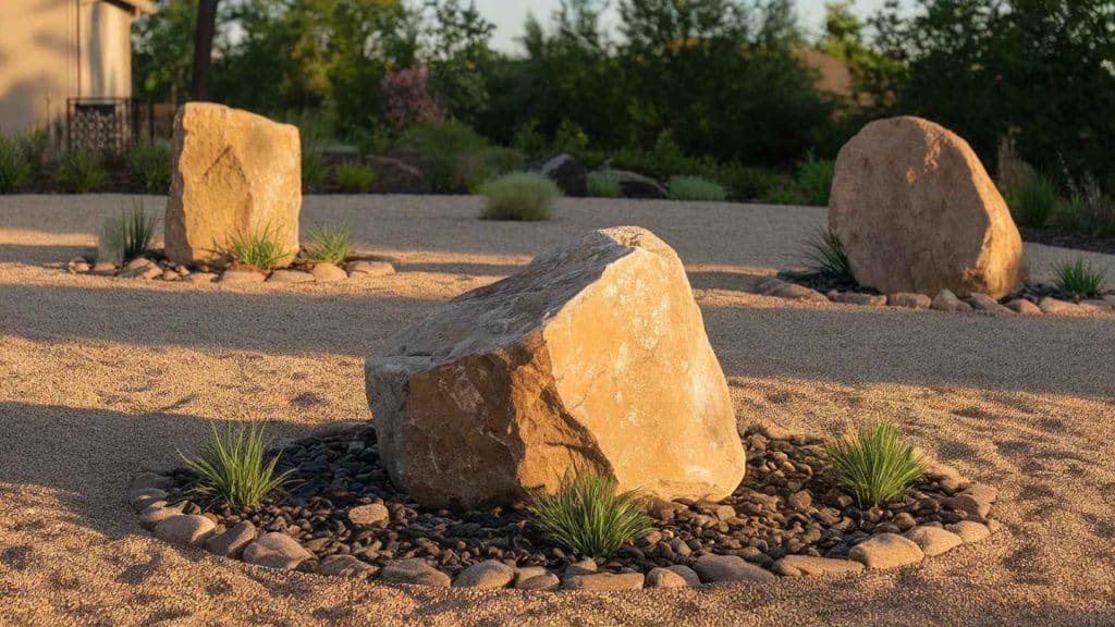 A wide shot of three large boulders placed at different spots across a spacious backyard garden with fine gravel and ornamental plants around each one.