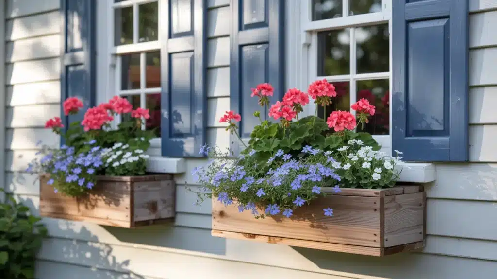 Cedar window boxes with red geraniums, white alyssum, and blue lobelia under cottage windows for Memorial Day home decor