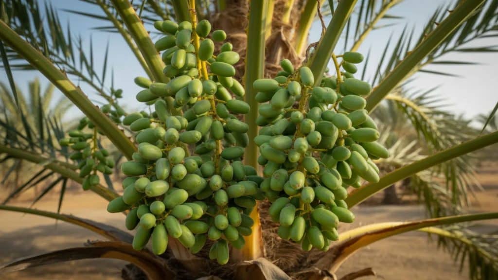 Close-up of a date palm with clusters of unripe green dates growing among long, spiky fronds in a sunny outdoor setting.