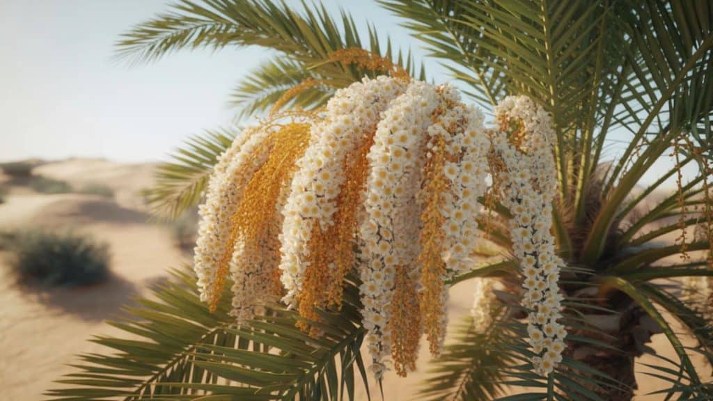 Close-up of a flowering palm tree with cascading clusters of small white and yellow blossoms in a desert landscape.