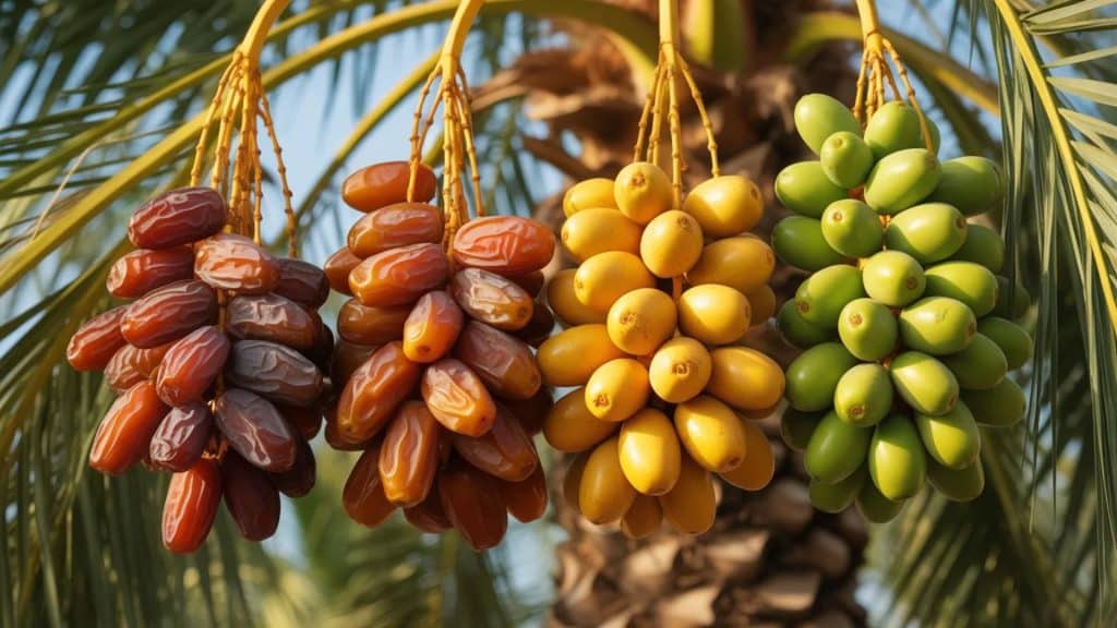 Clusters of dates at different ripening stages on a palm tree, showing green, yellow, and deep brown mature fruits hanging from branches.