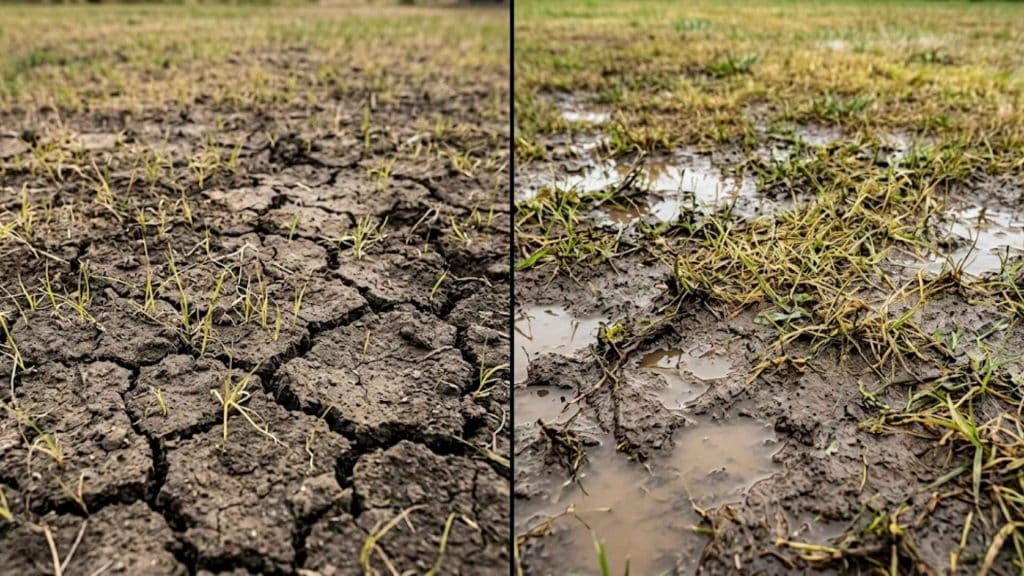 Comparison of dry cracked soil and overwatered muddy lawn showing signs of under and overwatering grass seed.