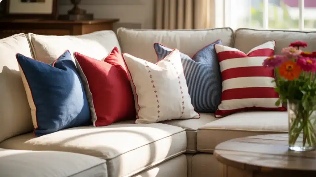 Cream couch styled with red, white, and blue patriotic throw pillows in stars and stripes for Memorial Day living room decor