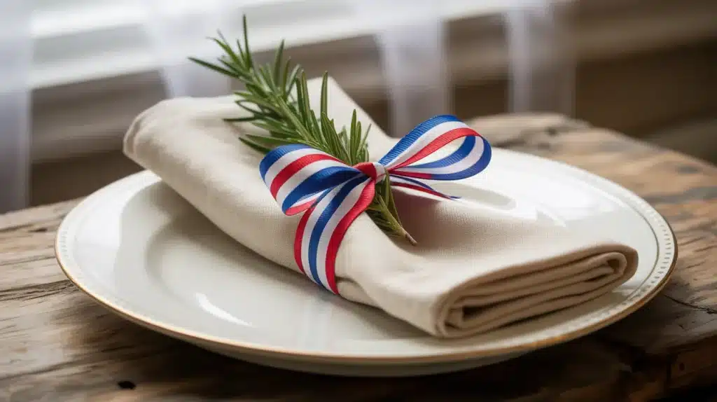 Cream linen napkin tied with a red, white, and blue ribbon bow and rosemary sprig for a Memorial Day table place setting