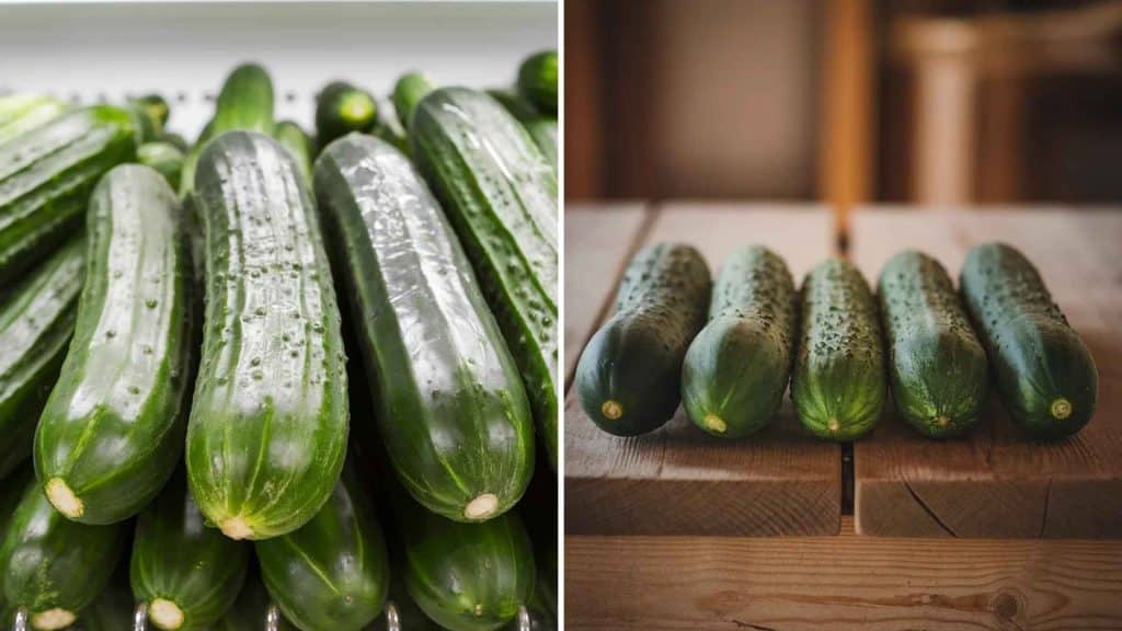 English cucumber long, thin-skinned, and seedless with a mild taste displayed in a pile, and Dutch cucumbers slightly firmer, with smooth uniform texture, arranged neatly on a wooden surface