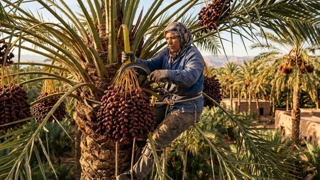 Farmer harvesting ripe dates from a palm tree using a curved tool, surrounded by a lush date plantation in a warm, rural setting.