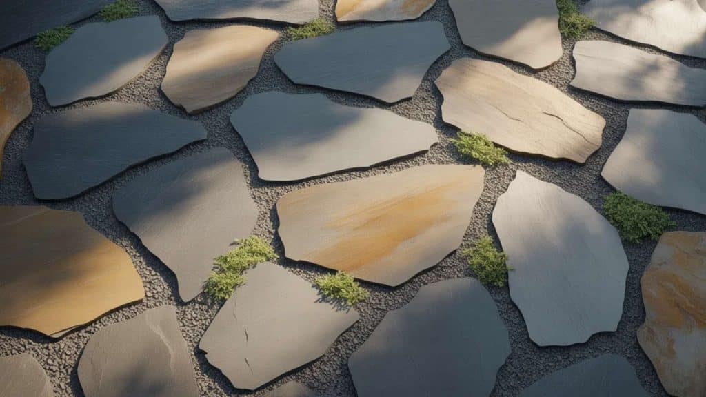 Flagstone patio with irregular stones and small moss patches, offering a natural, earthy look for outdoor pathways or garden spaces