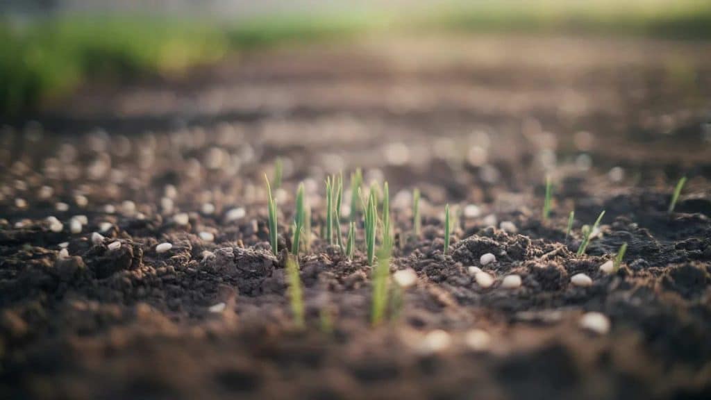 Fresh grass seedlings sprouting from soil during early growth stage of lawn seed germination