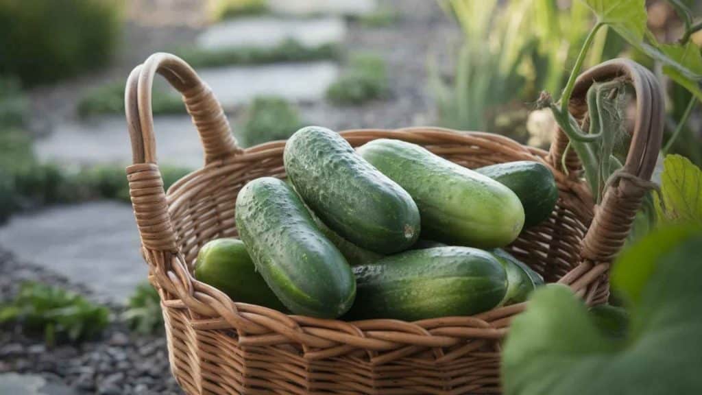 Fresh hybrid cucumbers harvested from the garden arranged in a wicker basket with green vines and leaves in the background.