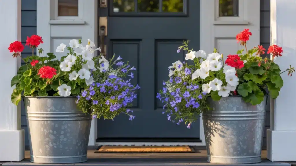 Galvanized porch planters with red geraniums, white petunias, and blue lobelia flowers for Memorial Day patriotic home display.