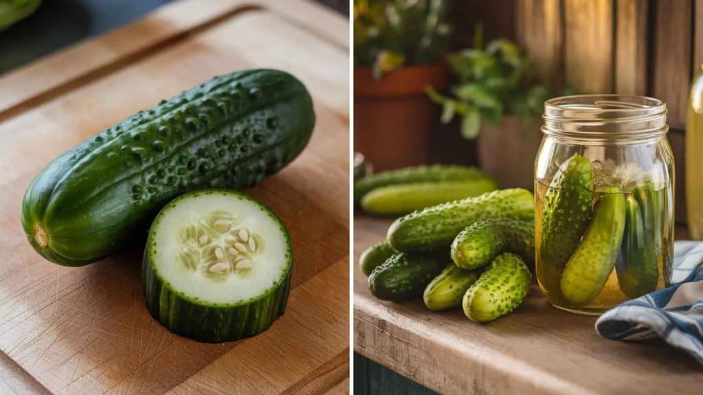 Garden cucumber with thick skin and larger seeds sliced on a cutting board showing classic flavor, and Kirby cucumbers, short, bumpy, and firm, displayed fresh and in a jar for pickling.