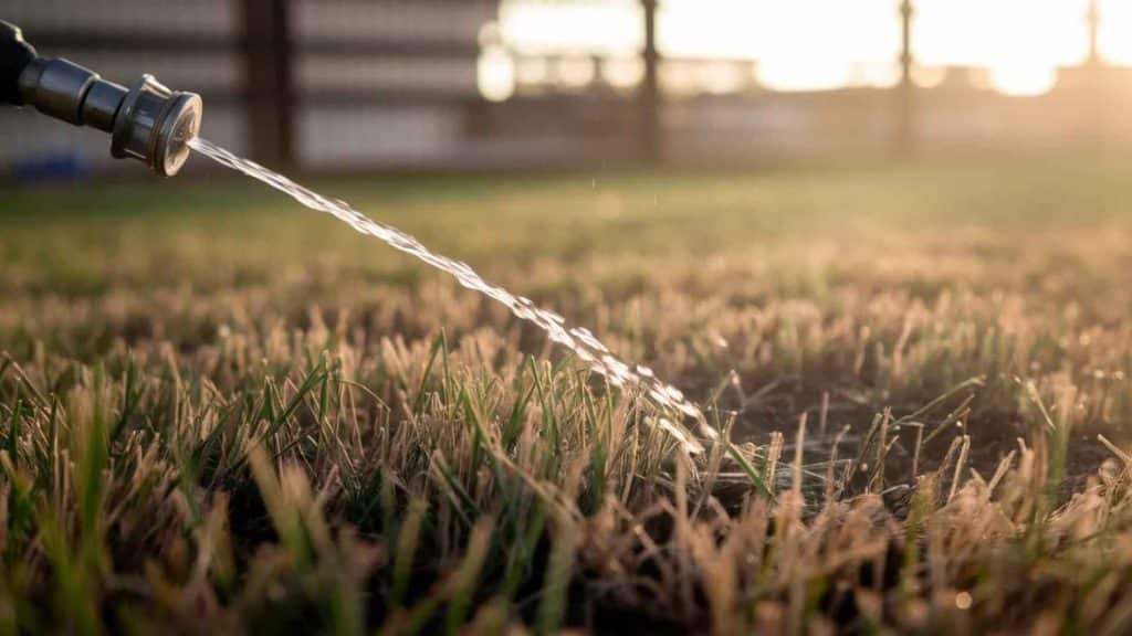 Garden hose watering newly seeded lawn at sunset with visible stream soaking dry grass soil.