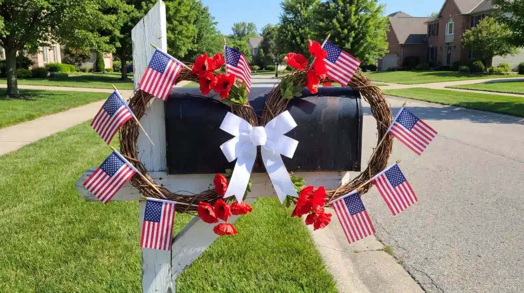Grapevine mailbox garland with mini American flags, red poppies, and a white star bow for Memorial Day curbside home decor.