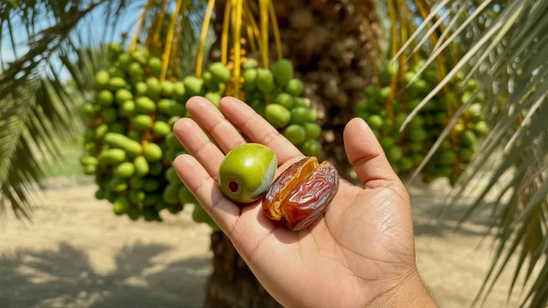 Hand holding a fresh green date and a ripe brown date in front of a date palm tree with clusters of unripe fruit in the background.