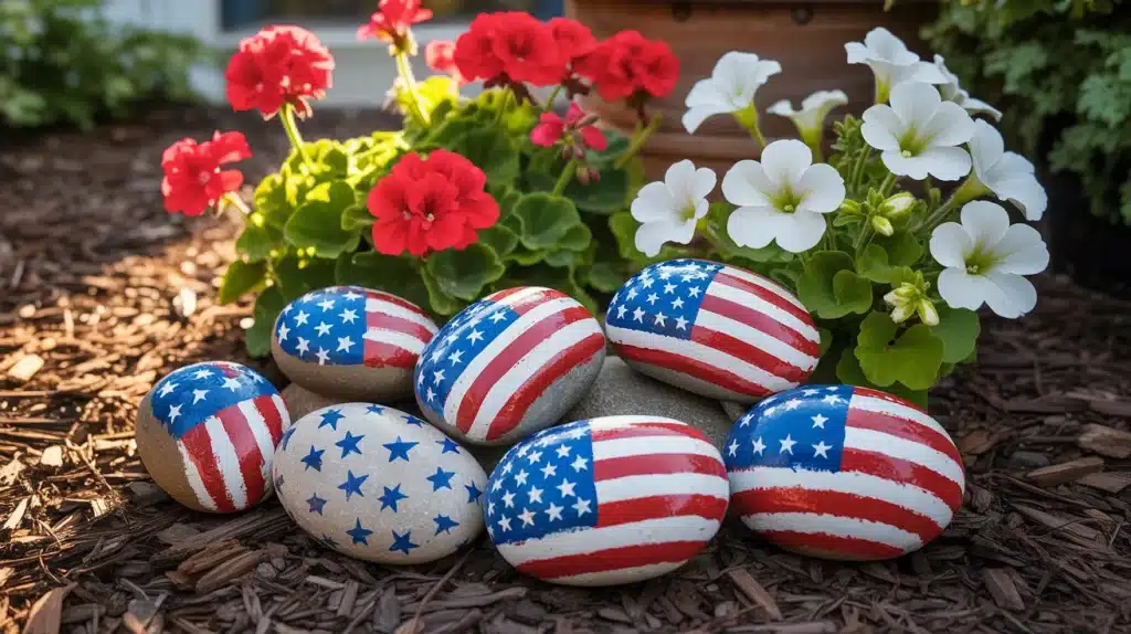 Hand-painted river rocks with stars, stripes, and flags in a garden bed for Memorial Day outdoor home craft decor