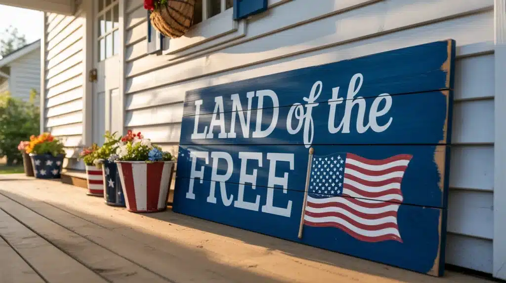 Hand-painted wooden Land of the Free welcome sign with American flag accent for a Memorial Day porch home decor display.