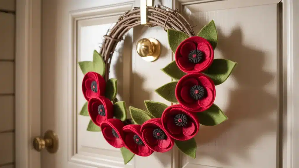 Handmade red felt poppy wreath with green leaves on a white front door for Memorial Day remembrance home decor.