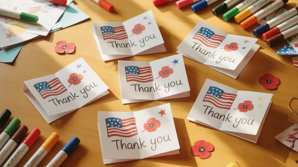 Handmade thank-you cards with flag and poppy drawings made by kids for veterans as a Memorial Day family craft activity