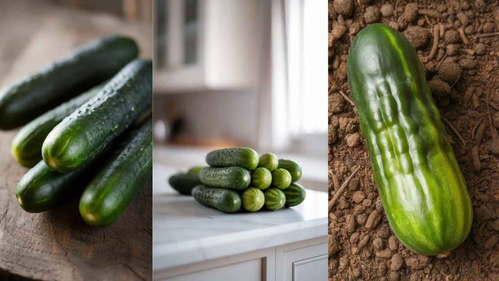 Japanese cucumber, long, slender, and nearly seedless; Persian cucumbers, short, smooth, and crunchy, stacked together; Armenian cucumber, long, ribbed, and mild, resting on soil.
