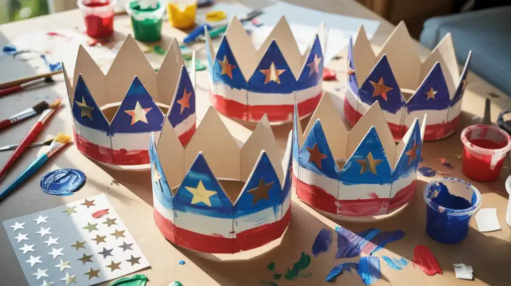 Kid-made paper plate liberty crowns painted red, white, and blue with star stickers for a Memorial Day family craft activity
