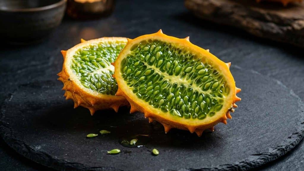 Kiwano African horned cucumber sliced open showing bright green jelly-like flesh and seeds with spiky orange skin on a dark surface.